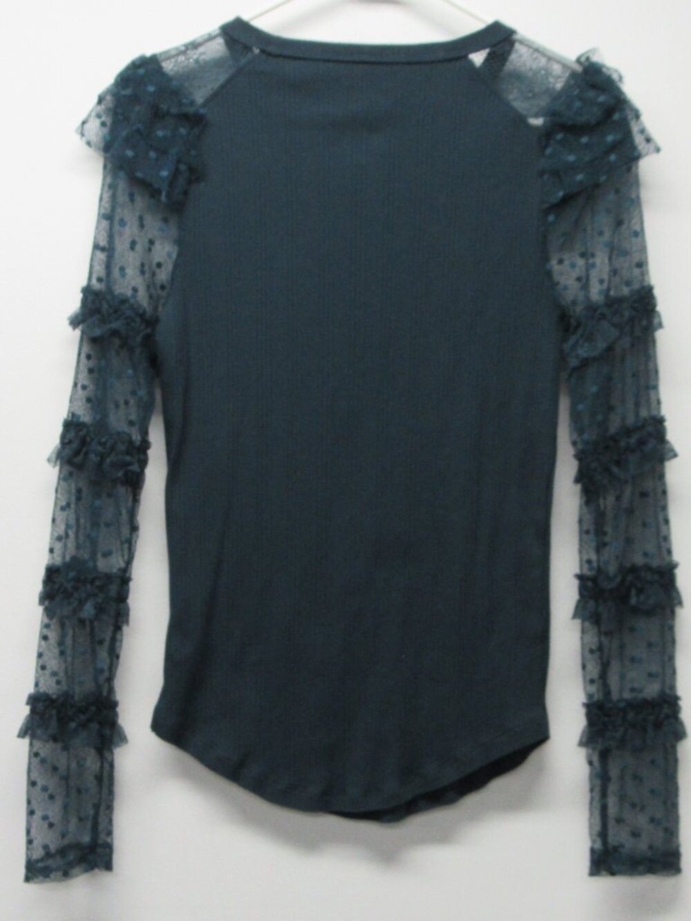 Free People Kiss Kiss Ruffle Lace Jersey Top Sheer Sleeves S/M? Dark Teal Green - Picture 3 of 5